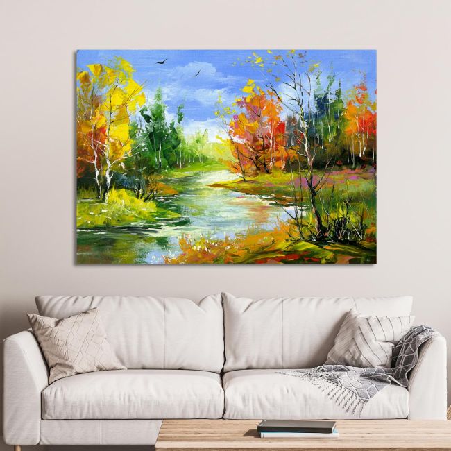 Πίνακας σε καμβά Φθινοπωρινό τοπίο, Autumn landscape with the wood river