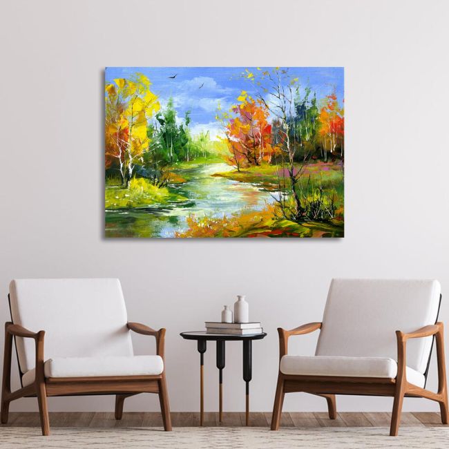 Canvas print Autumn landscape, Autumn landscape with the wood river