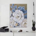 Πίνακας σε καμβά White flowers blue leaves Καμβάς τελαρωμένος Όψη 1