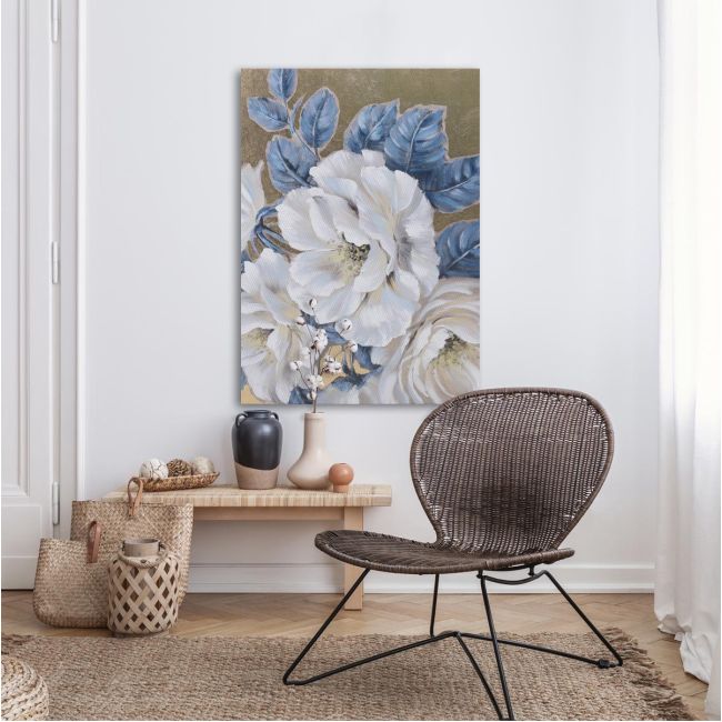 Πίνακας σε καμβά White flowers blue leaves Καμβάς τελαρωμένος Όψη 3