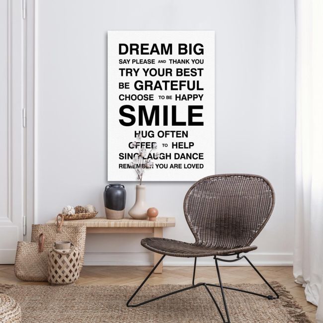 Canvas print Dream Big, house rules White Black