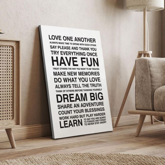 Πίνακας σε καμβά Love one another, house rules Άσπρο Μαύρο