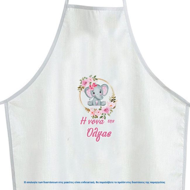 Christening apron printed for godparents, watercolor Elephant girly with flowers