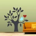 Αυτοκόλλητο τοίχου Δέντρο, καρδιά και πουλί, γκρι μπλε 