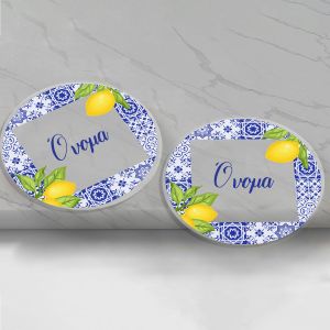 Plexiglas transparent, printed coaster rounded personalized, Lemons & Blue Mediterranean Design