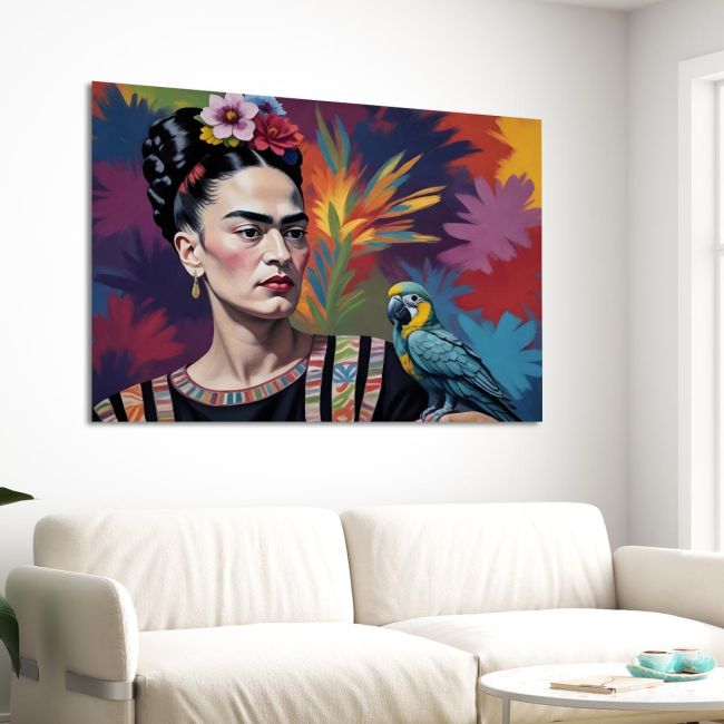 Πίνακας σε καμβά Frida with a parrot Καμβάς τελαρωμένος Όψη 3