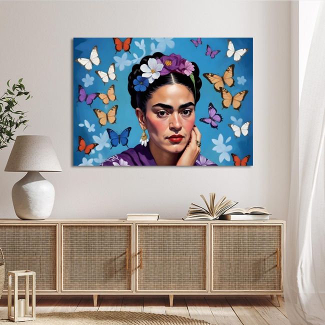 Πίνακας σε καμβά Frida with butterflies Καμβάς τελαρωμένος Όψη 2
