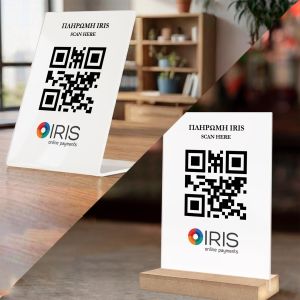 Sign plexiglass white, QR code, IRIS payblack