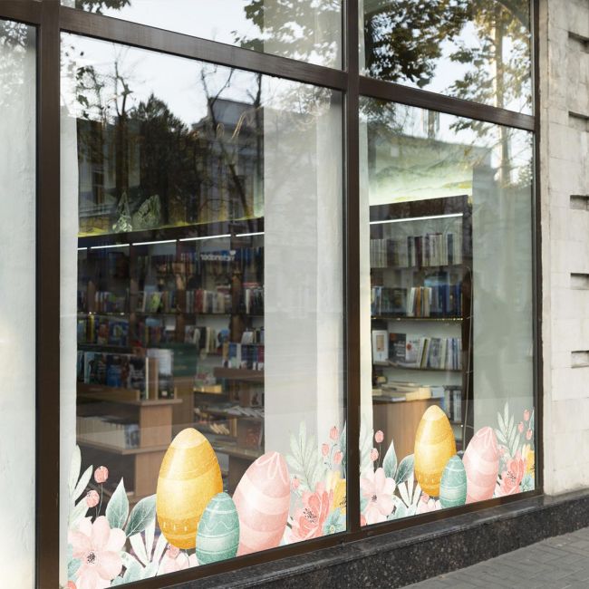 Μπορντούρα αυτοκόλλητο Πασχαλινής βιτρίνας με λουλούδια και αυγά Όψη 2