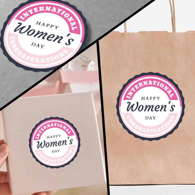 International Women's Day Sticker with Pink Banner 4 x 4 cm (Round) View 2