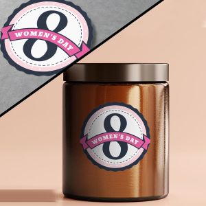 Women's Day Sticker with Ribbon and Polka Dots 4 x 4 cm (Round) View 1 2