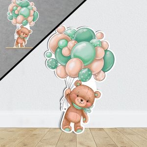 Wooden printed figure bear with green balloons Printed wood (mdf) View 1