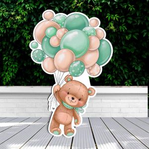 Wooden printed figure bear with green balloons Printed wood (mdf) View 1 2