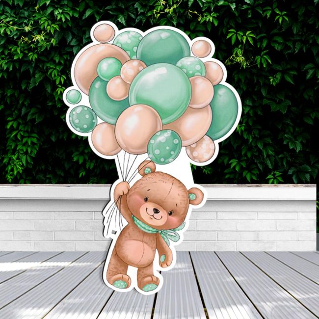 Wooden printed figure bear with green balloons Printed wood (mdf) View 2