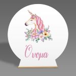 Ξύλινη στρογγυλή πινακίδα σε βάση, Μονόκερος  watercolor με ζωγραφιστά λουλούδια, με προσαρμοσμένο όνομα.