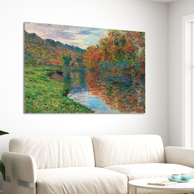 Πίνακας The arm of Jeufosse, autumn, Monet C. σε καμβά, ιμπρεσιονιστικό φθινοπωρινό τοπίο με ποτάμι, δέντρα, αντικατοπτρισμούς.