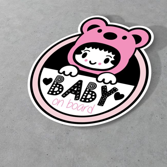 Baby girl with bear suit on board, Αυτοκόλλητο αυτοκινήτου παιδικό