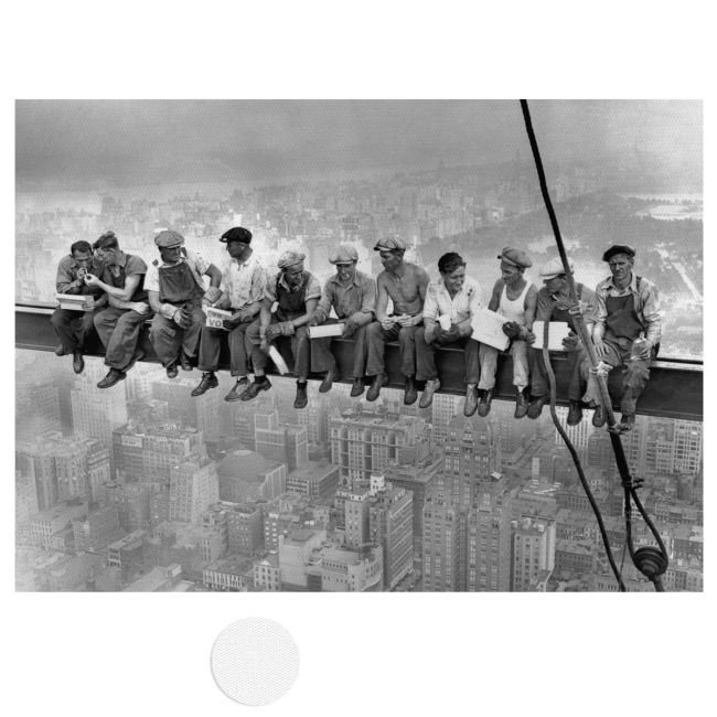 Canvas print Men at lunch, stretched canvas. B&W photo of 11 workers eating on steel beam, skyscraper city below.