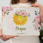 Personalized Wishes book, Sun with Flowers design, wooden. Watercolor smiling sun, pink floral crown & corner details.