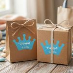 Crown Sticker Label for Boys, with Name & Date, Shaped Labels. On kraft gift boxes, featuring a blue crown and white name/date text.