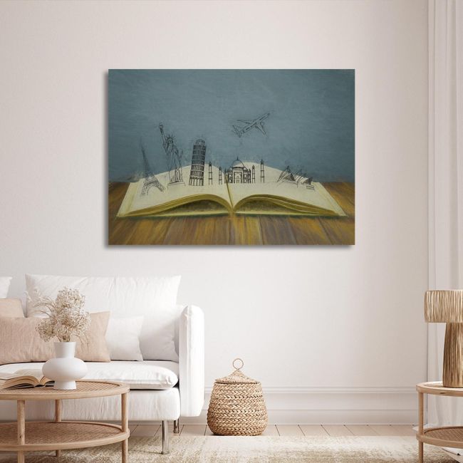 Modern canvas print, The travel book, featuring travel sketches in blue and wooden tones.