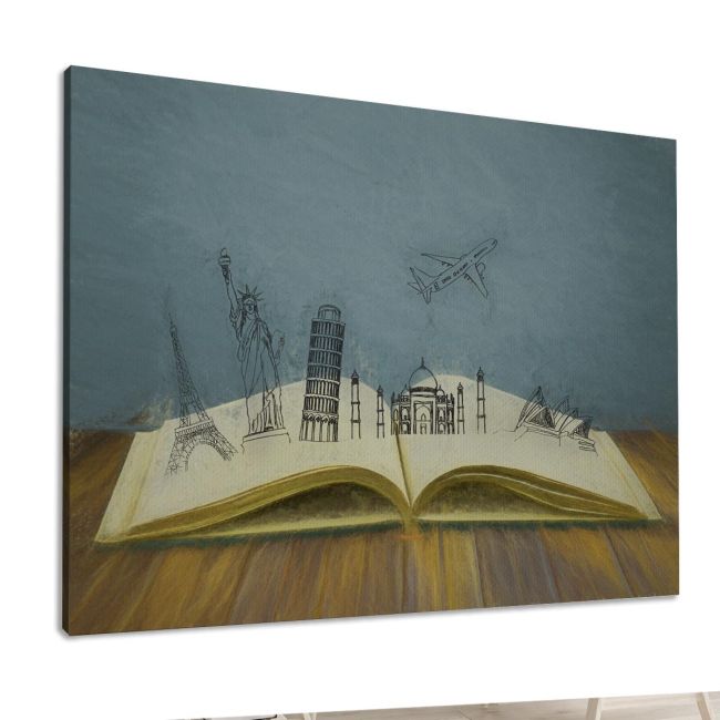 Modern canvas print, The travel book, with landmarks sketch, grey and wooden tones.