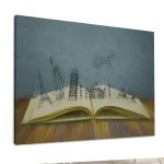 Modern canvas print, The travel book, with landmarks sketch, grey and wooden tones.