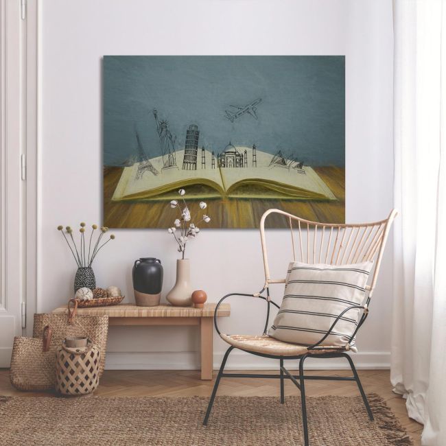 Modern canvas print The travel book with travel sketches in blue and brown tones.