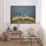 Modern canvas print The travel book with travel sketches in blue and brown tones.