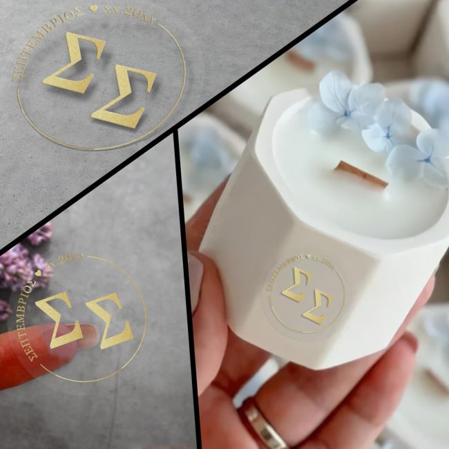 Transparent wedding favor labels with champagne color couple initials and date for candles and custom gifts.