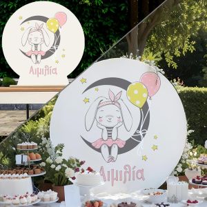 Wooden candy bar sign Dreaming bunny girl for baby girl baptism with pink and yellow details.