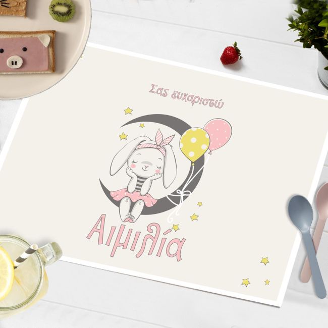 Personalized disposable baptism placemat Dreaming bunny girl for baby girl party tables, pink aesthetic.