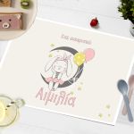 Personalized disposable baptism placemat Dreaming bunny girl for baby girl party tables, pink aesthetic.