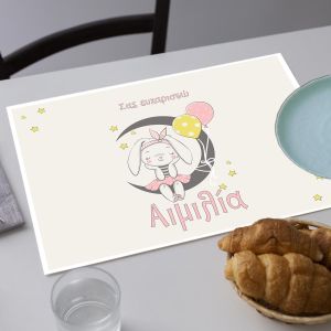 Personalized disposable baptism placemat Dreaming bunny girl for baby girl party tables, pink aesthetic. 2