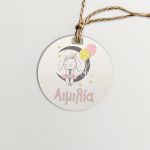Dreaming bunny girl baptism favor tags, round thank you tags for christening, pink and grey boho design.