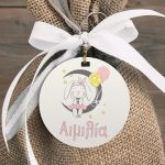Personalized baptism favor tags, Dreaming bunny girl design, wooden tag for baby girl christening favors