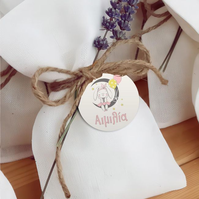 Dreaming bunny girl christening thank you tags, decorative paper gift labels for baptism favors in white and pink.