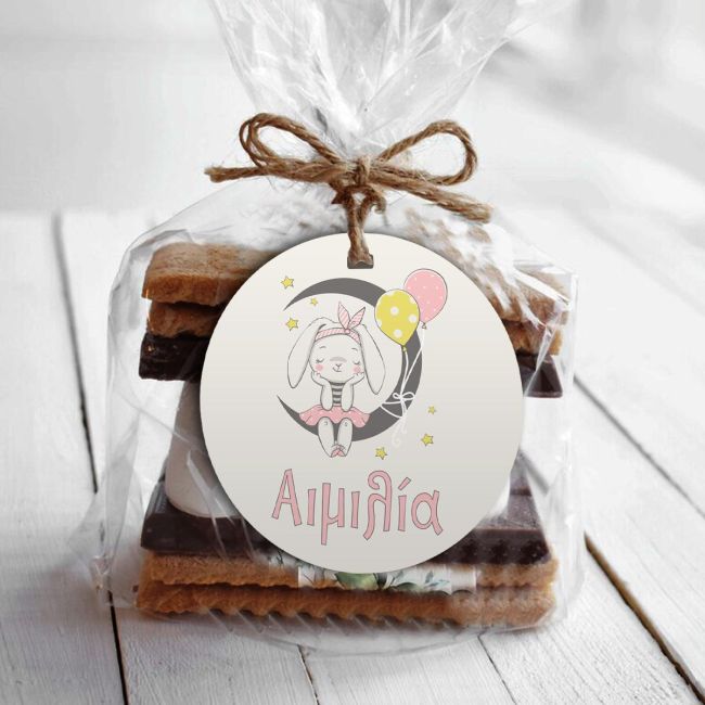 Personalized baptism favor tags Dreaming bunny girl for christening sweets in soft pink colors