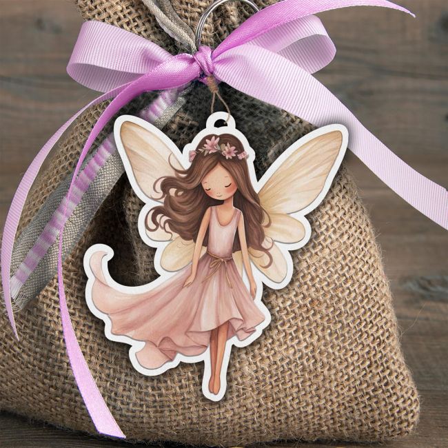 Shy Fairy wooden figure for christening favors with rustic burlap sack and pink ribbon