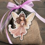 Shy Fairy wooden figure for christening favors with rustic burlap sack and pink ribbon