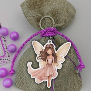 Shy Fairy wooden figure for christening favors with rustic burlap sack and pink ribbon 2
