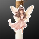 Wooden fairy charm for party favors, shy fairy illustration in pastel colors for girl baptism.