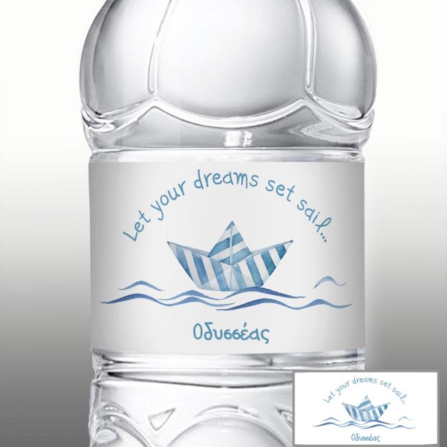 Striped paper boat sticker label, blue tones.