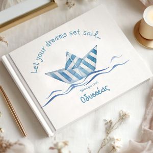 Personalized guest book with striped paper boat design. 2