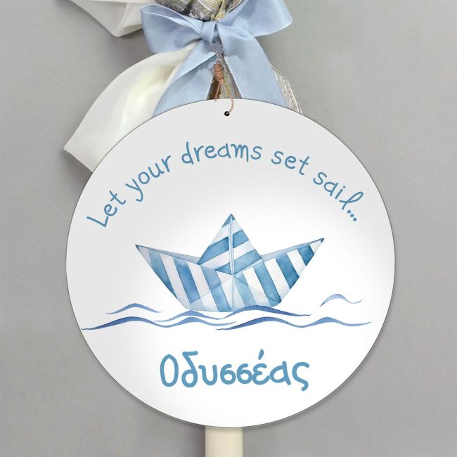 Wooden bomboniere figure, striped paper boat design.