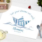 Disposable paper baptism placemat, striped boat design.