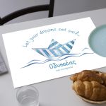 Disposable paper placemat, blue striped boat design. Ideal for baptisms.