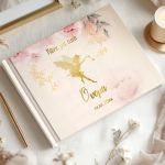Baptism wish book, hardcover, golden fairy theme, pink floral design.