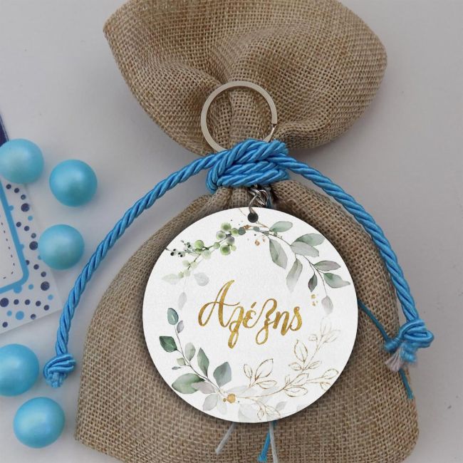 Vintage wooden favor tag, painted leaves, flowers & gold name.