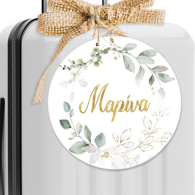 Printed wooden favor tag, Vintage painted leaves, flowers & golden name for bomboniere.